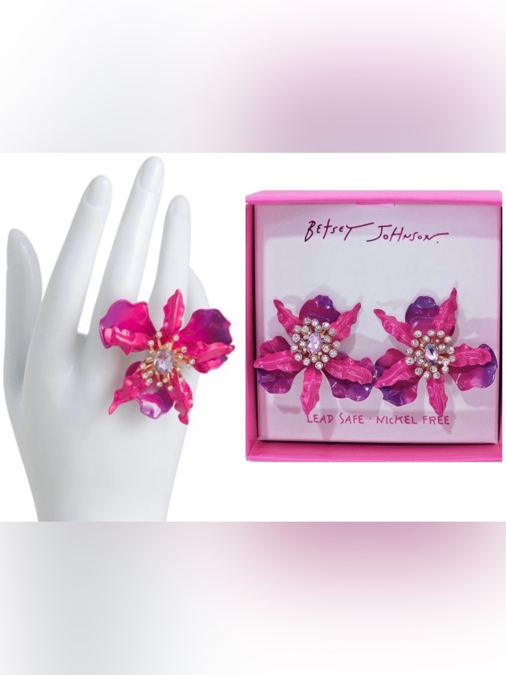 BETSEY JOHNSON SET Vibrant Pink & Purple Ombré Orchid Earrings & Ring NEW NWT